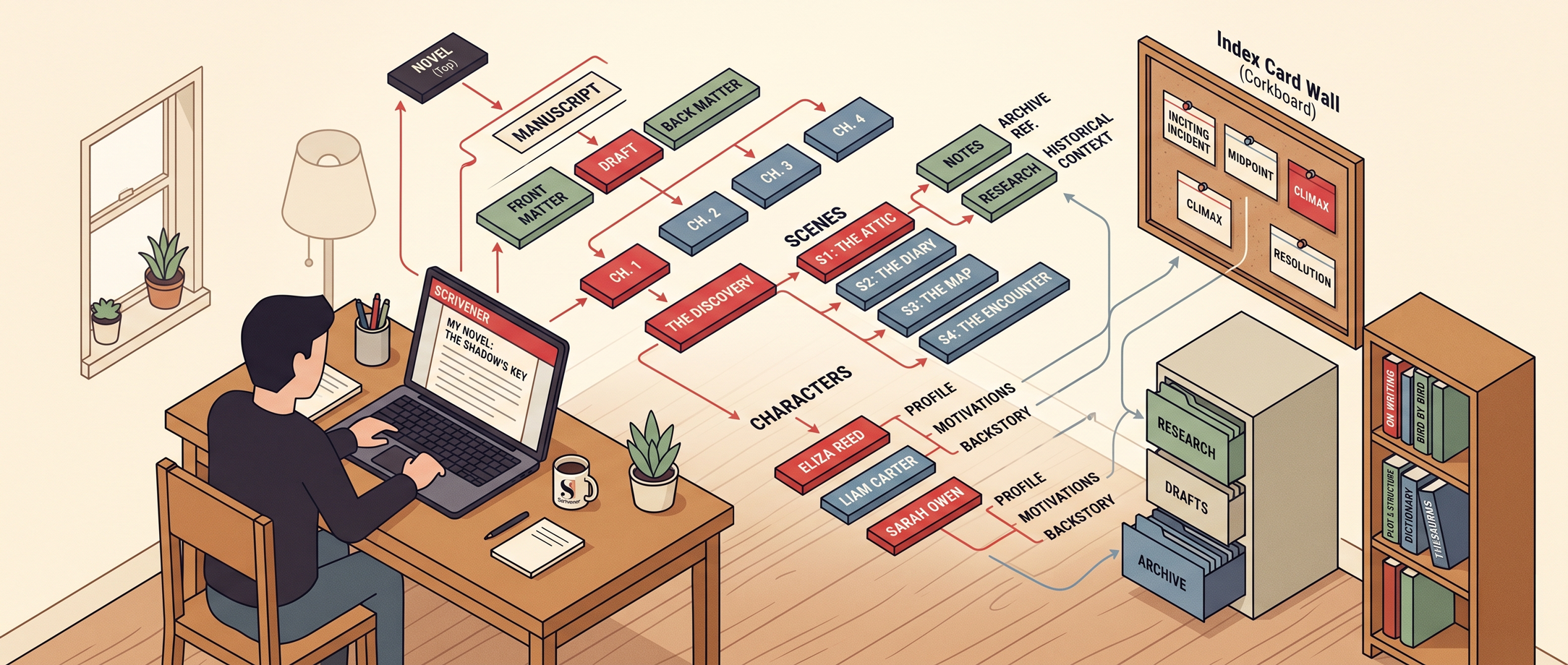 The Scrivener Rescue: an isometric view of how Scrivener organizes characters, scenes, research, and chapters into one workspace.