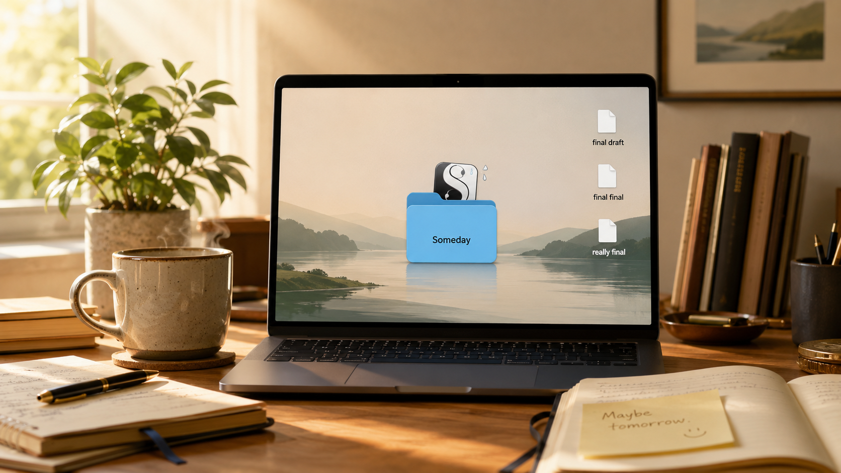 A writer's desk in warm morning light: a laptop showing a Scrivener icon with a tear next to a blue Someday folder, a cascade of final draft, final final, and really final files, a steaming mug, a plant, and a notebook with a sticky note that reads Maybe tomorrow.