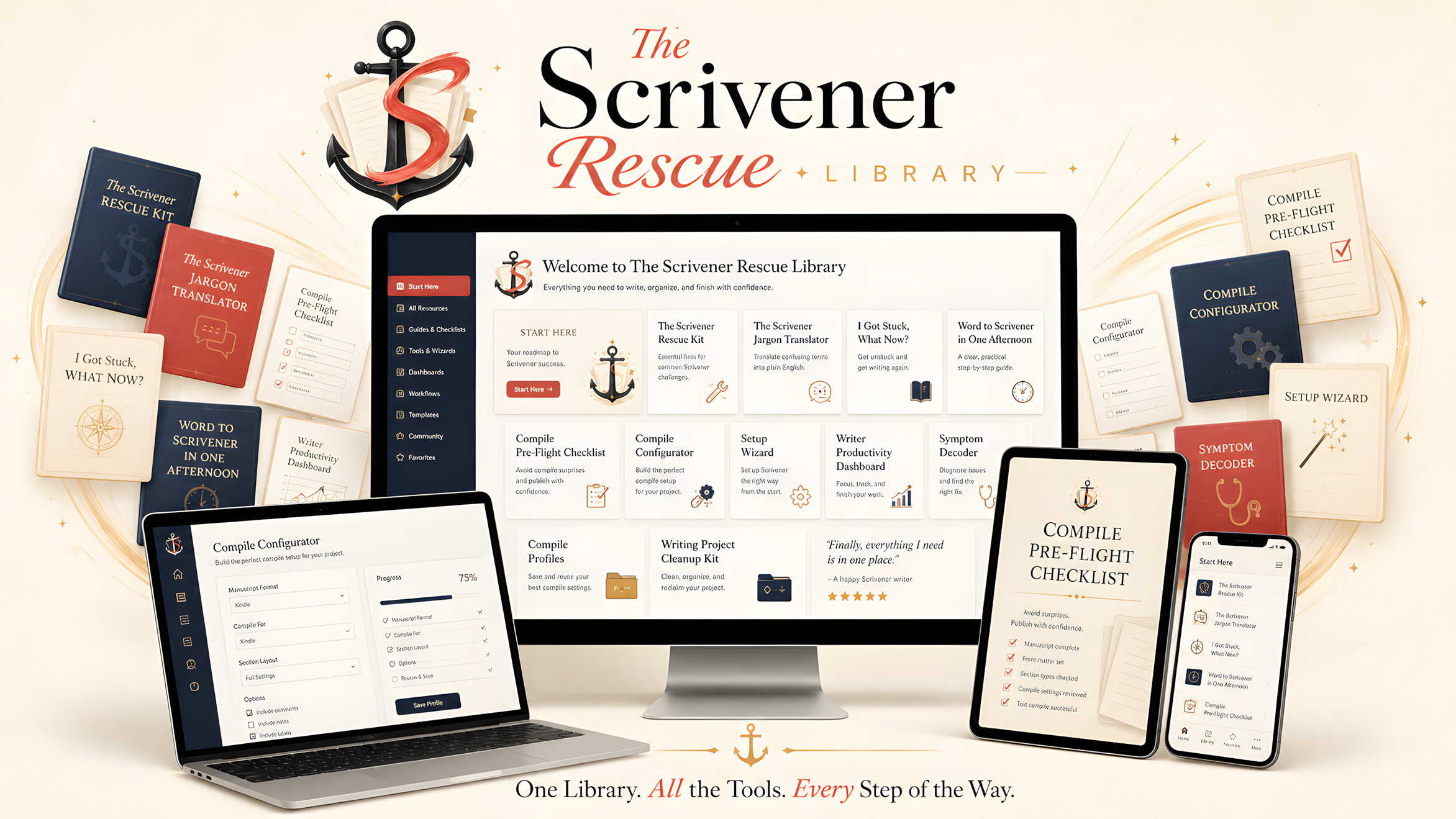 The Scrivener Rescue Library shown across a desktop monitor, laptop, tablet, and phone. The desktop displays the library dashboard with twelve tool cards; the laptop shows the Compile Configurator; the tablet shows the Compile Pre-Flight Checklist; the phone shows the mobile Start Here list. The Scrivener Rescue Library wordmark and anchor brushstroke S sit above the screens, with the tagline 'One Library. All the Tools. Every Step of the Way.' below.
